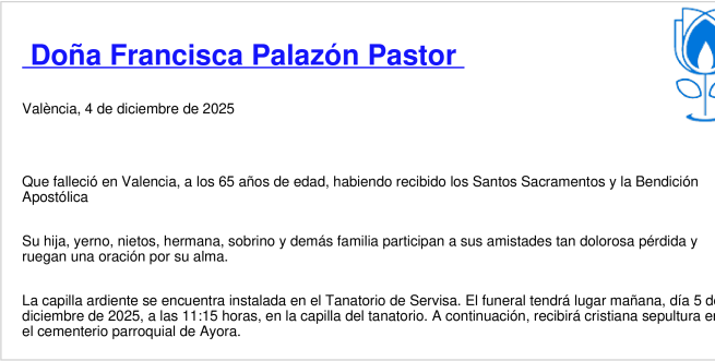 Esquela de Francisca Palazón Pastor